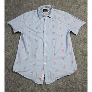 Denim & Flower Button Up Collar Shirt Adult Mens Small Blue Flamingo Shirt